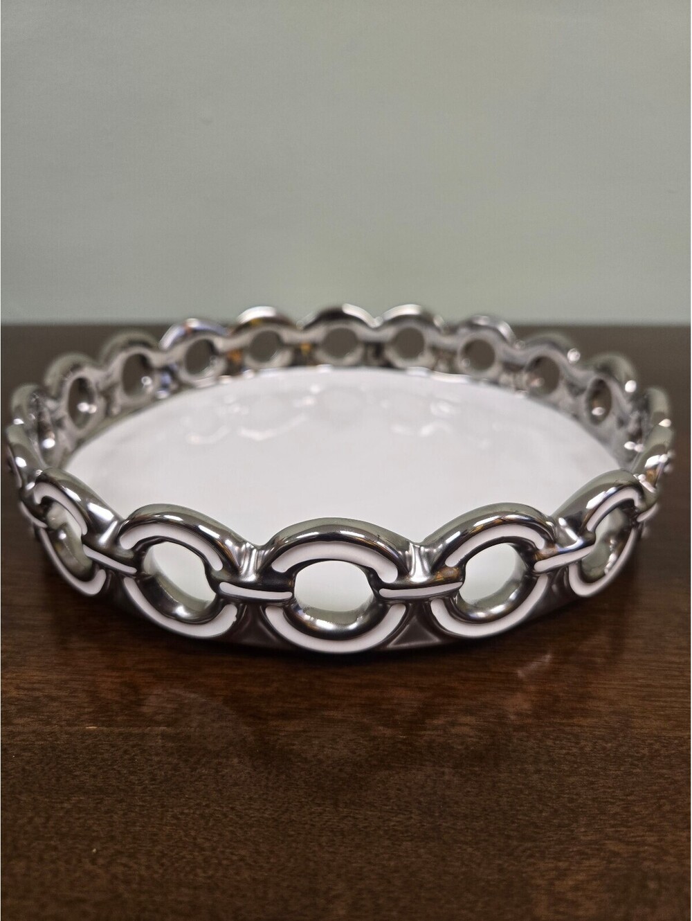 Cookin’ Up White Ceramic Silver Tone Openwork Serving Bowl Centerpiece